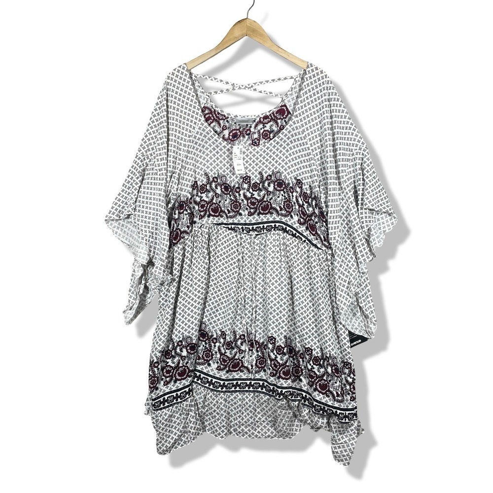 Avenue‎ Tunic Top Womens 22/24 White Floral Boho Peasant Rayon Kaftan Blouse New